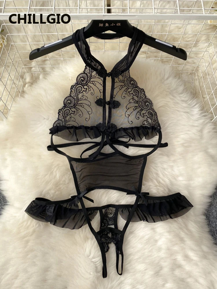 CHILLGIO Women Sleeveless Halter Floral Lace Bodysuits Erotic Transparent Catsuit Fashion Ins Sexy One Piece Combination Rompers 241031