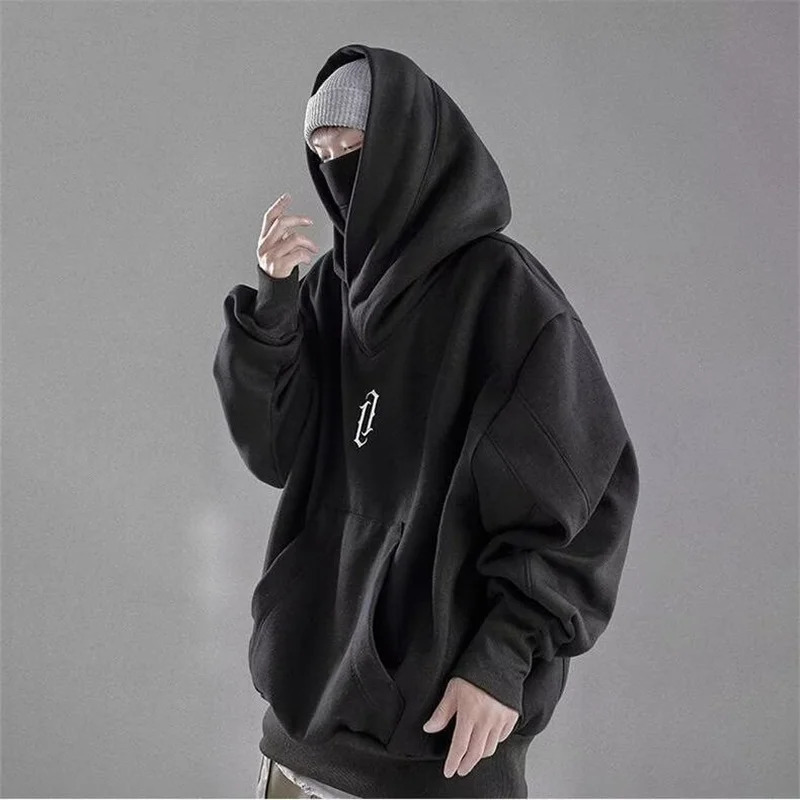 Embroidery Turtleneck Sweatshirt For Men Japanese Ninja Hoodies Autumn Hip Hop Fleece Pocket Streetwear Oversized Y2K Hoody 241030