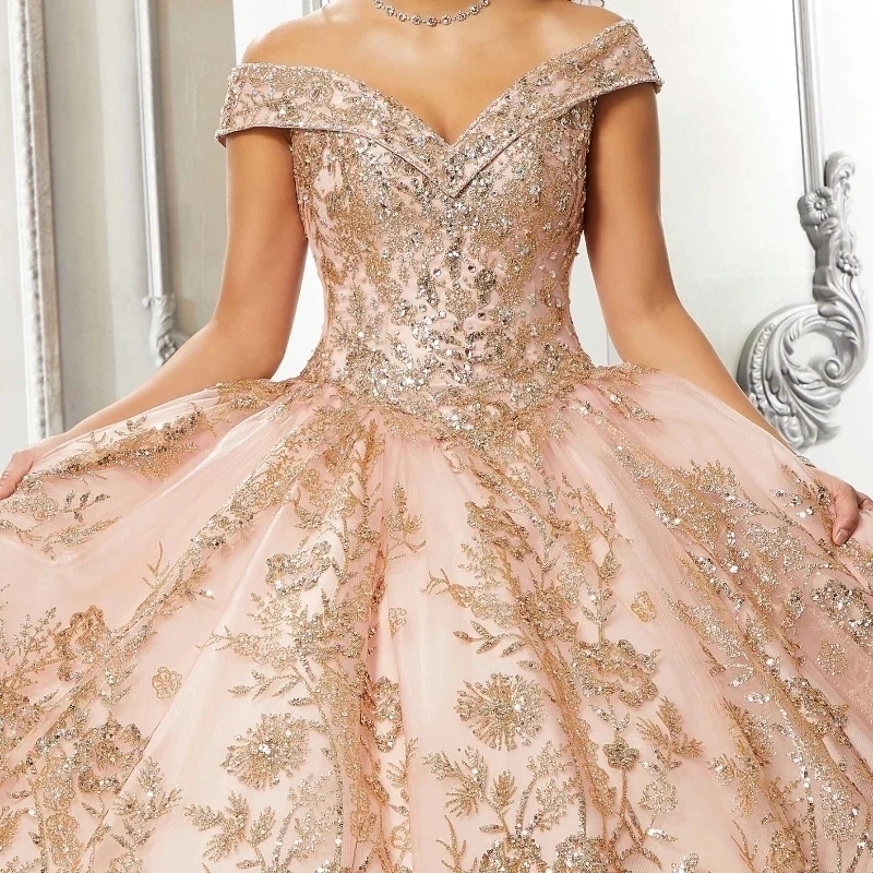 Rose Gold Shiny Ball Gown Quinceanera Dresses Sequin Appliques Lace Beads Tull Off Shoulder Sweet 16 Years Vestidos 15 De XV Anos