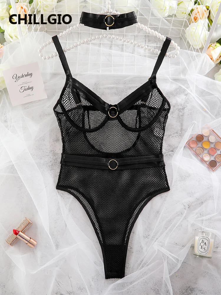 CHILLGIO Mesh Bodysuits Women Sexy Fashion Transparent Combination Catsuits Bodycon Chic Jumpsuits Slim Strappy Rompers Lingerie 241031