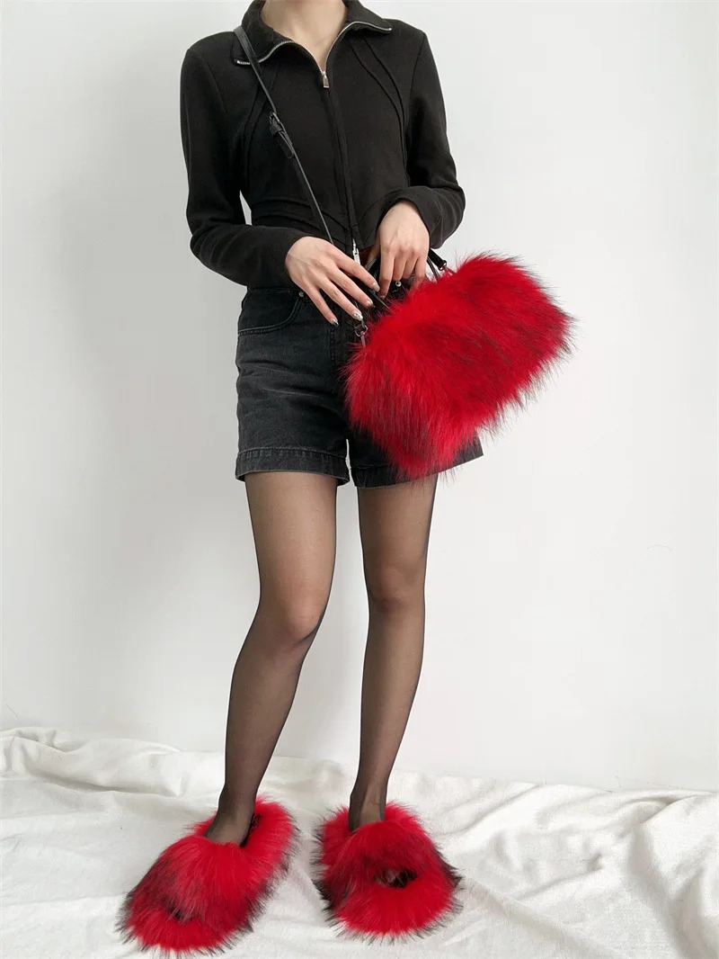 Winter Women Faux Fur Slippers Bag Set Fur Handbag Shoulder Bag Fluffy Furry Slides House Outdoors Fuzzy Slippers Crossbody Bag 241031