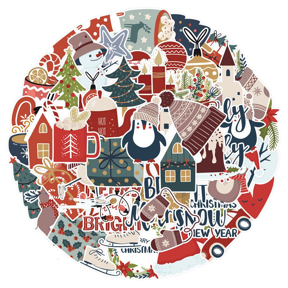 New 50Pcs Happy New Year Merry Christmas Stickers For Ipad Stationery Craft Supplies Bright Sticker Vintage Scrapbooking Material