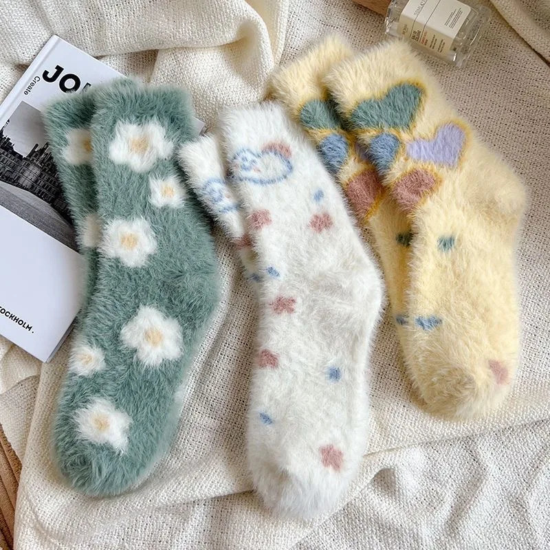 Japanese Kawaii Cute Socks Autumn Winter Thicken Warm Soft Plush Women Socks Coral Fleece Thermal Homewear Floor Sleeping Socks 241031