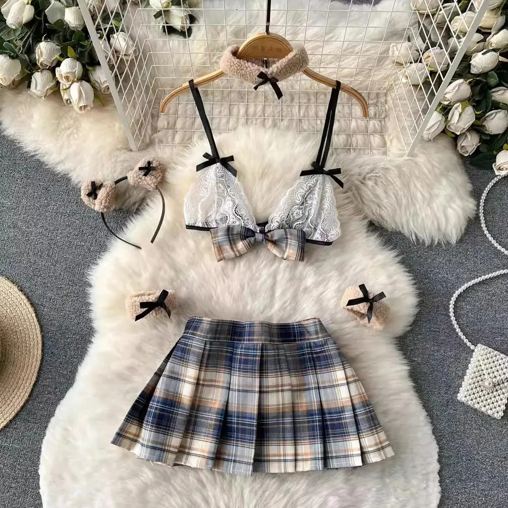Short Skirt Sailor Chic Womens Dress Sexy Pleated Suits Lace Bra Brief Plaid Mini Skirt Preppy Style Ins sweet 5 Pieces Sets 241031