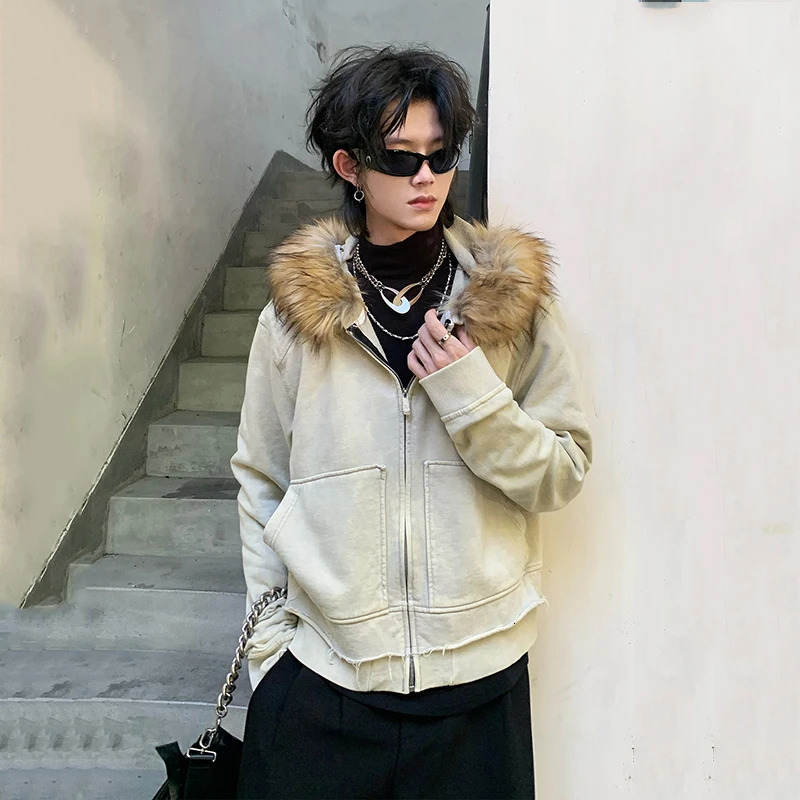 IEFB Fashion Mens Jackets Hooded Fur Collar Zipper Big Pockets Solid Color Slim Casual Male Shorts Coats Korean Style 9C8250 241031
