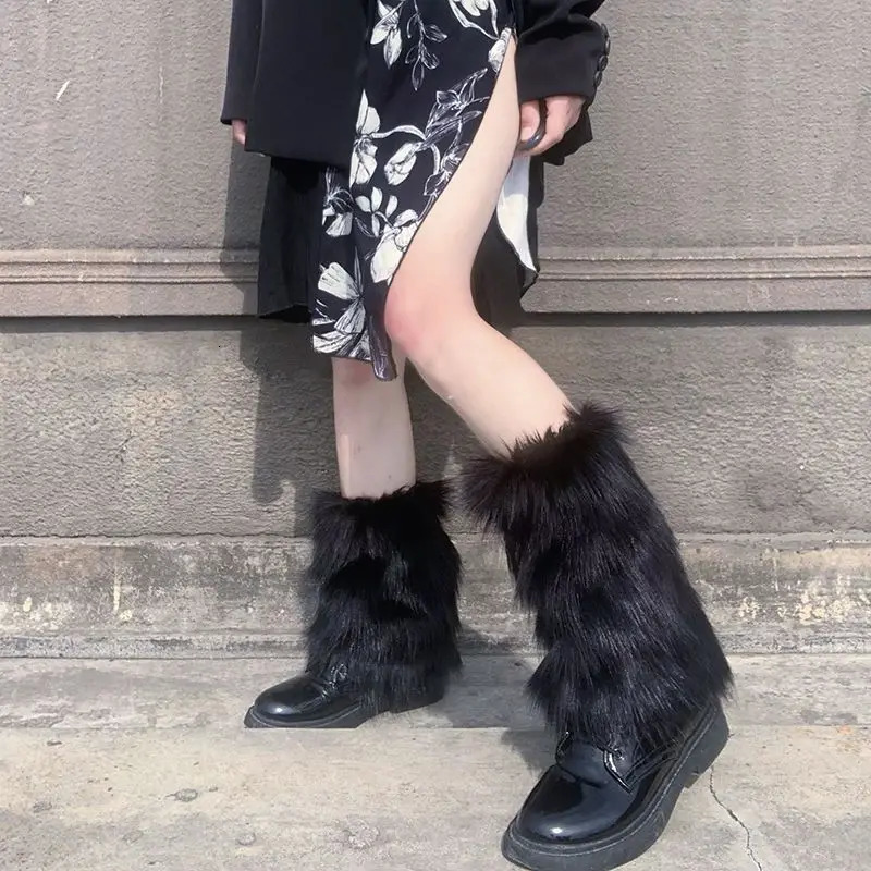 Women Faux Fur Leg Warmers Y2K Punk Winter Warm Plush Thickening Jk Leggings Boots Cover Lolita Harajuku Party Long Leg Socks 241031