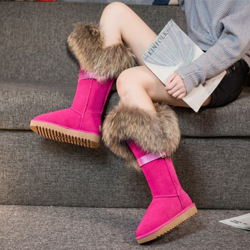 2024 Extra-Large Hair Natural Fox Fur Casual Winter Snow Boots Women Real Cow Suede Leather Warm Shoes Black Brown