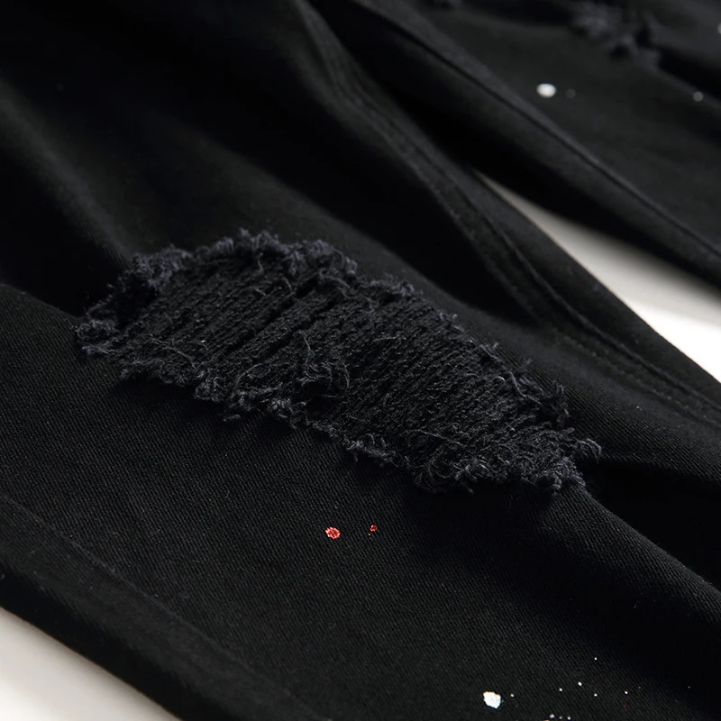 Men Denim Jeans Ruined Hole n Lacquer Foot Casual Long Pants Stretch Regular Fit Black Trousers Arrivals 241024