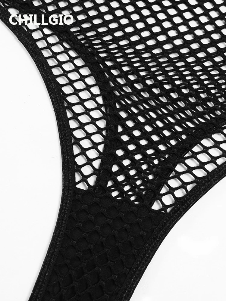 CHILLGIO Women Black Bodysuit Sexy Porn Underwear Hollow See-through One Pieces Combination Jumpsuit Slim Fishnet Halter Catsuit 241031