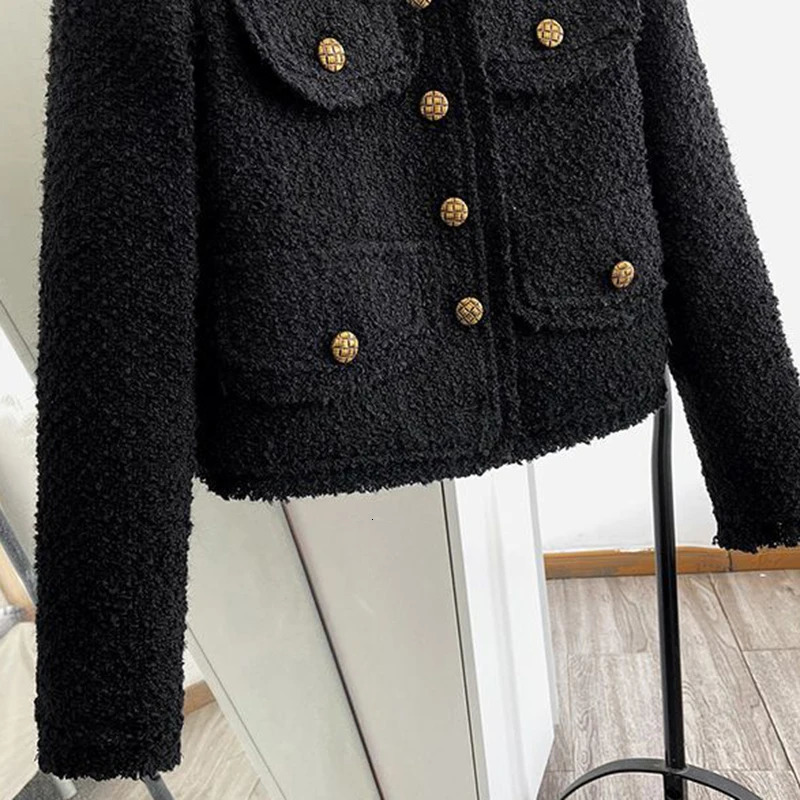 Rimocy Cropped Tweed Jacket Women Korean Fashion Round Neck Single-breasted Jackets Woman Autumn Winter Long Sleeve Chic Coats 241031
