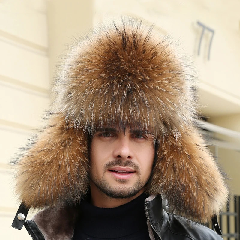 Winter Mens 100% Real Silver Fox Fur Bomber Hat Raccoon Fur Wusanka Hat Catcher Russian Mens Ski Hat Real Leather 241030