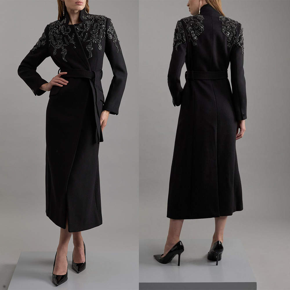 Beading Women Long Blazer Dress With Belt Luxury Pearls Prom Evening Guest Formal Wear Custom Made Jacket One Piece