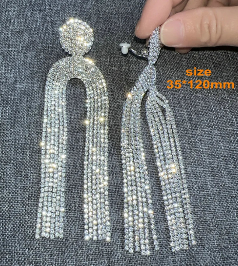 Long Tassel Clip On Earrings Rhinestone Chandelier Boho Fringe Chain Earring for Wedding Bridal Party Jewelry 241030