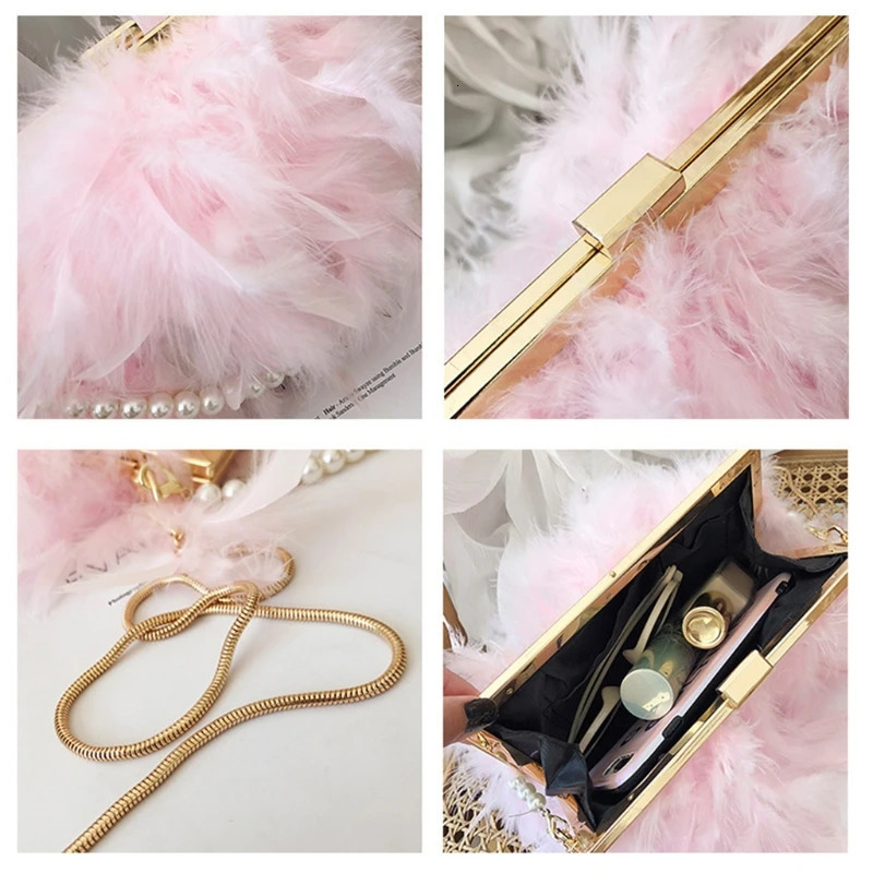 Womens dinner handbag feather clutch bag table tennis wallet pearl chain messenger bag wedding promotion bag cross shaped bag 241031