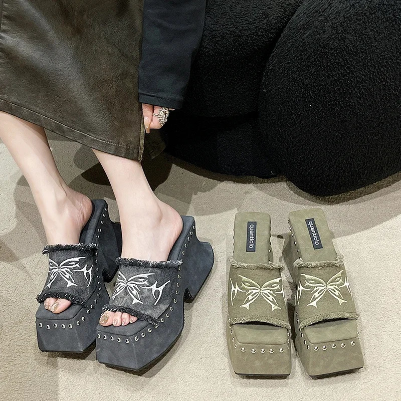 2024 Goth Platform Sandals For Women Denim Butterfly Fashion Metal Fashion Rivet Slip On Punk Sandal Shoes Summer 241031