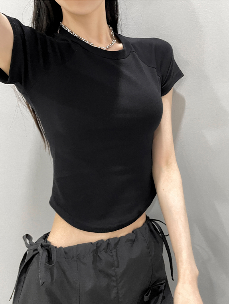 Dynamic girl style positive shoulder small fly sleeve short-sleeved T-shirt female 2024 new solid colour ol spicy girl tops
