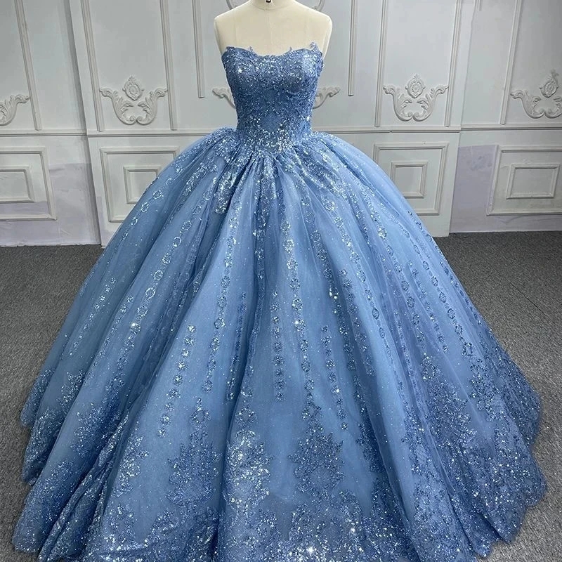 Sky Blue Shiny Off The Shoulder Quinceanera Dresses Ball Gown Sequin Lace Applique Beaded Tull Sweet 16 Vestido 15 De Anos