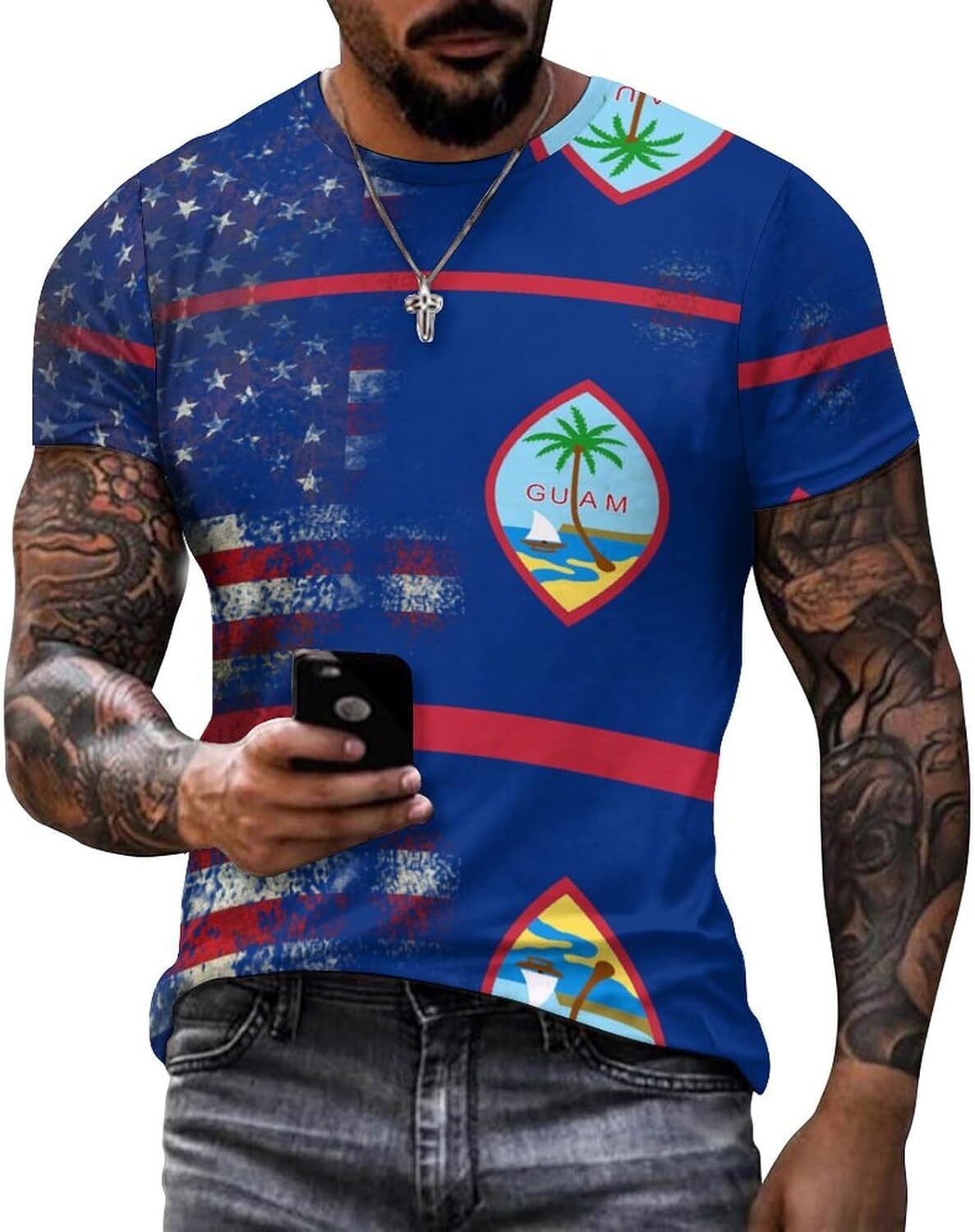 Mens T shirt Retro American Guam Flag Cotton T-Shirt 3D Printed Casual Shirt Men's Crew Neck T-Shirt tee Casual tops summer clothes