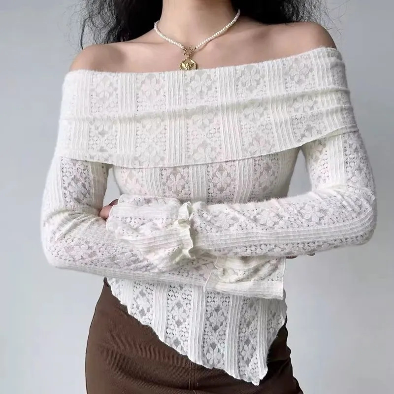 Designer style irregular jacquard hollowed out one shoulder brushed lace long sleeved T-shirt for women slim fit spicy girl top