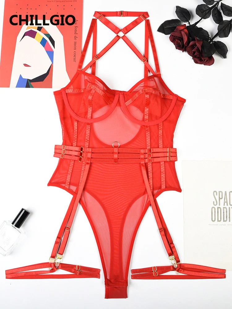 CHILLGIO Women Sexy Transparent Mesh Rompers Erotic One Piece Catsuits Ins Sleepwear Fashion Combination Tight Strappy Bodysuits 241031