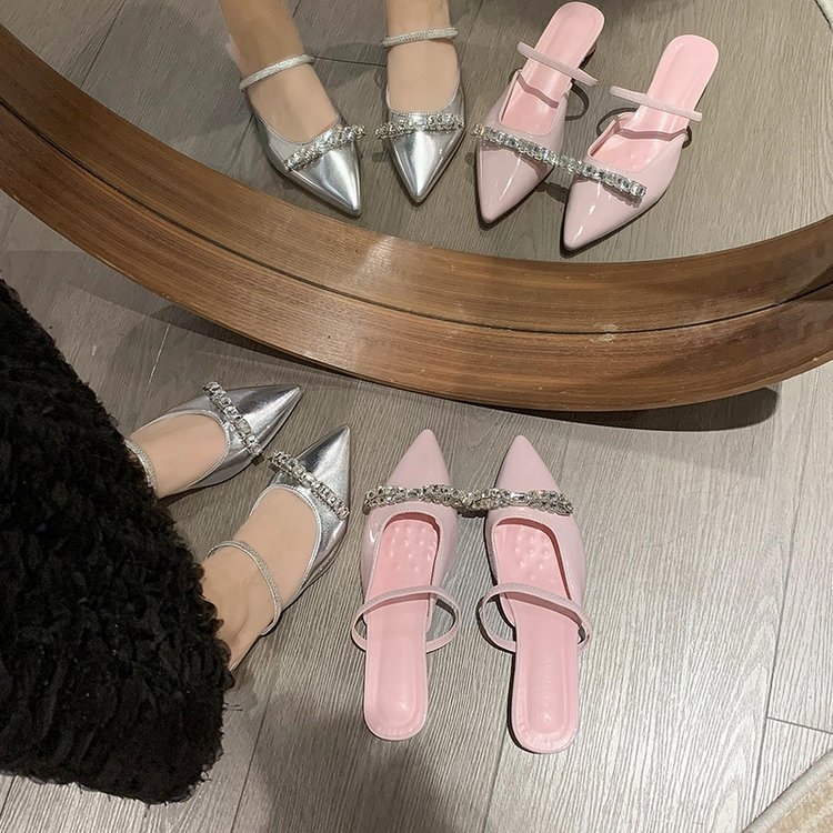 2024 summer new patent leather pink half toe sandals for women wearing pointed shoes on the outside with box