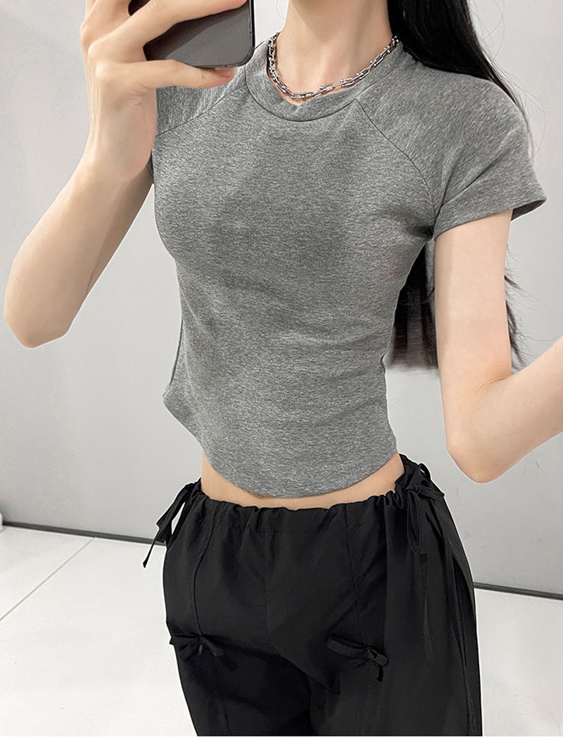Dynamic girl style positive shoulder small fly sleeve short-sleeved T-shirt female 2024 new solid colour ol spicy girl tops