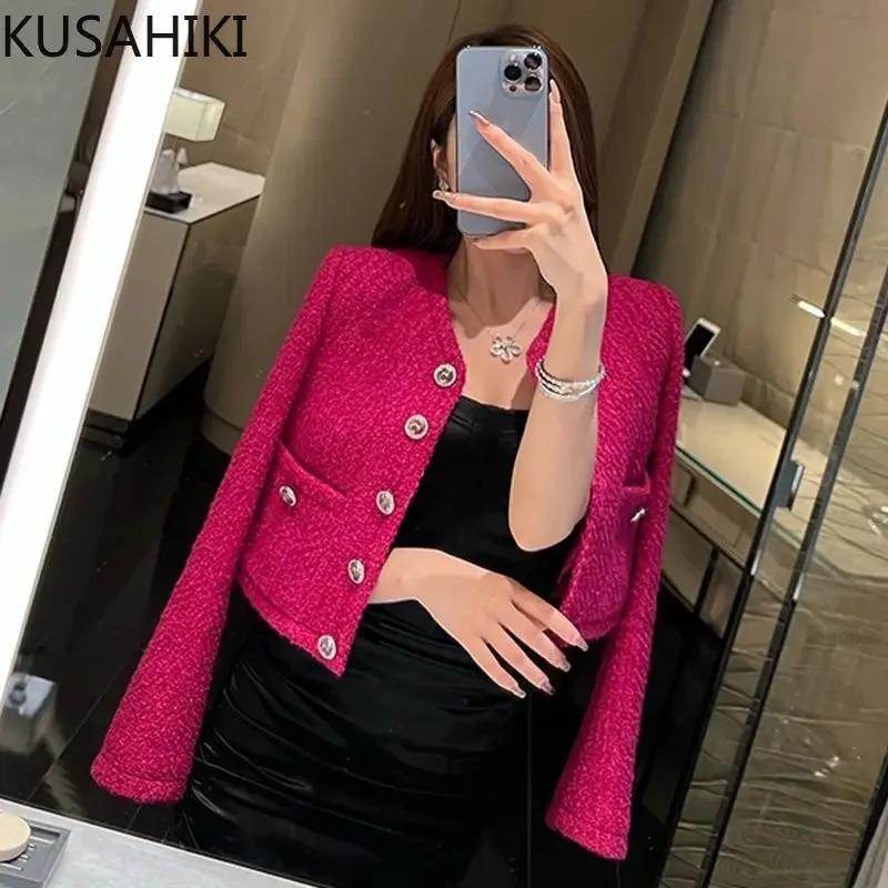 KUSAHIKI Tweed Autumn Single Breasted Weave Fashion Short Coat Women Elegant Jacket O-neck Long Sleeve Cardigan Tops 241031