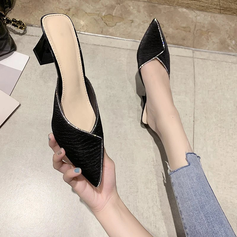 Net Red Baotou Half Slippers Women Wear Summer Fairy Feng Rhinestone Pointed Thick Heel High Heel Womens Shoes 241031