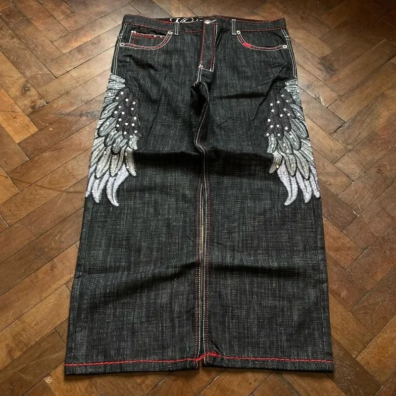 Y2K American Retro Wing Fashion Loose Jeans Men Street Hip-hop Personality Casual Versatile Straight Wide-leg Pants Women 241031