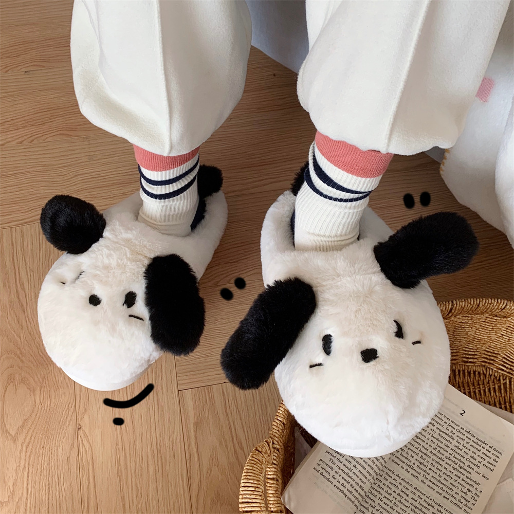 Cartoon puppy Family Slipper Woman Girl Cute fluffy winter warm plush indoor flats Bedroom slide casual women's cotton slipper