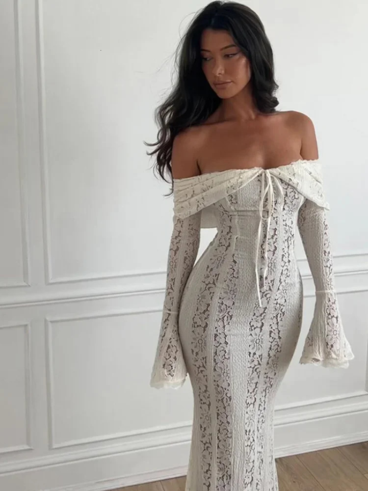 Elegant One Shoulder Lace Up Hollow Womens Dress Slim Fit See-through Long Sleeved Backless Robe 2024 Summer Lady Evening Gowns 241031