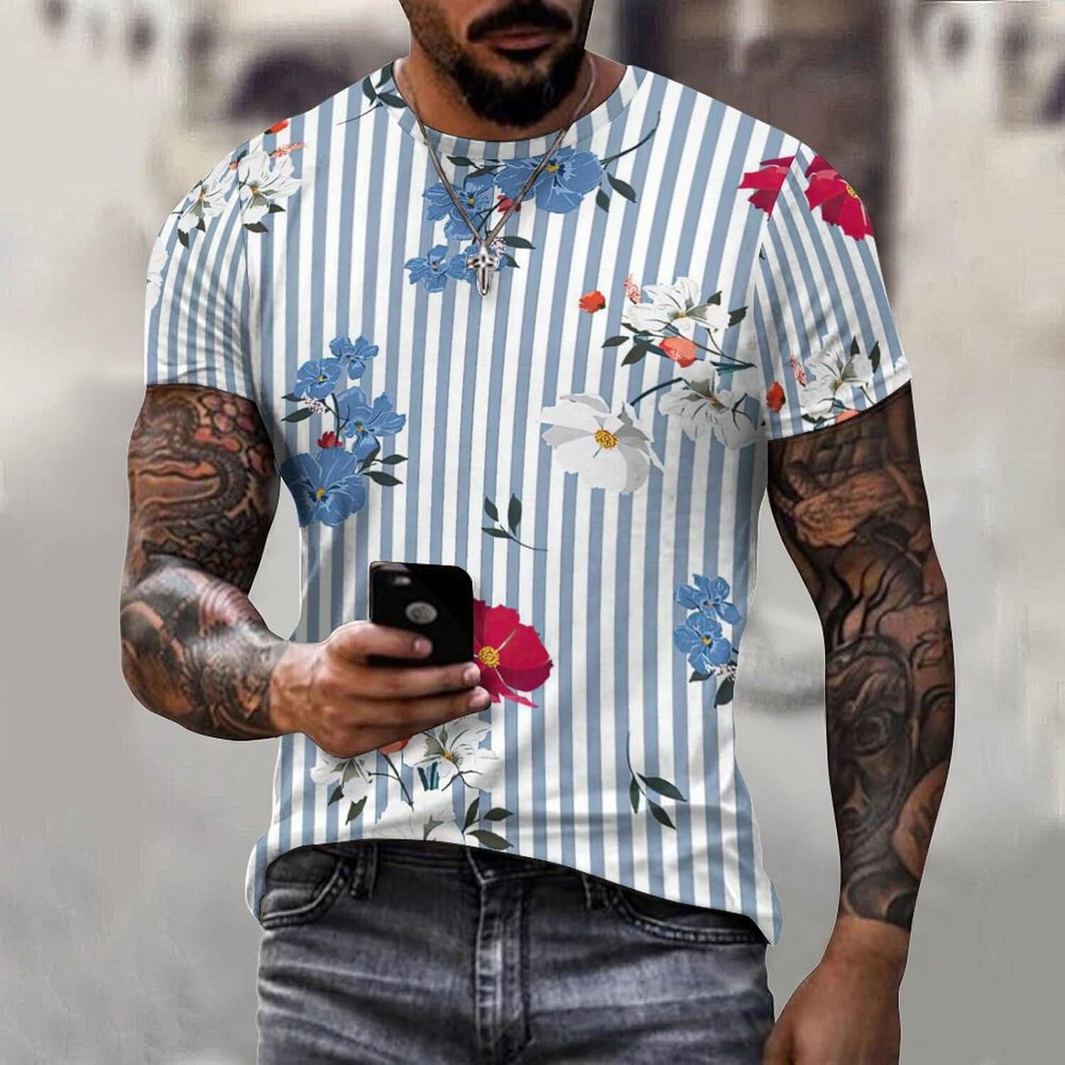 Mens T shirt Summer Rose Flower Pattern Cotton T-Shirt 3D Printed Casual Shirt Men's Crew Neck T-Shirt tee Casual tops Fashionable and cool summe