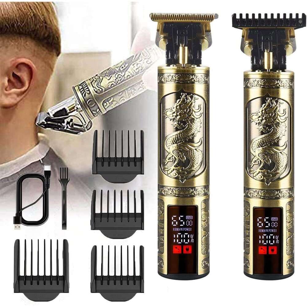 Men's Cordless Electric Hair Clippers Kit Rechargeable T-Blade Trimmer with Zero-Gap Edge and Guide Comb Dragon Design