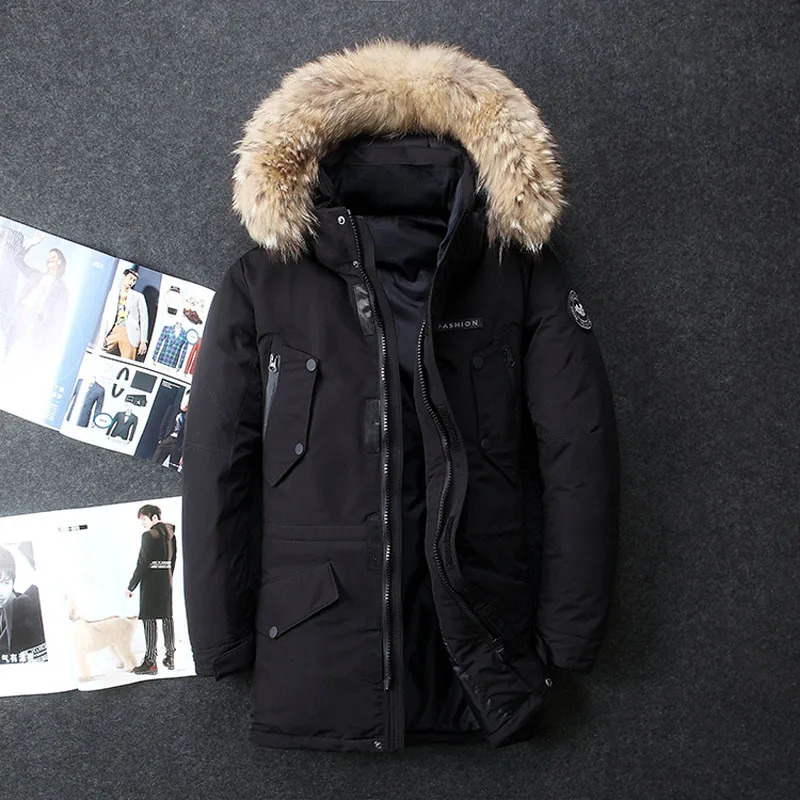 High quality mens winter white duck long down jacket with hooded fur collar mens outdoor windproof thick warm casual jacket 241030