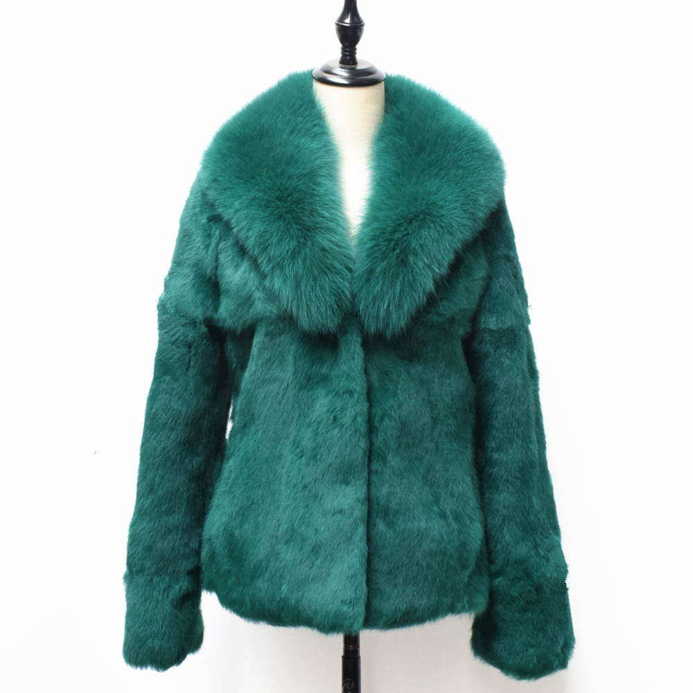 QUEENTINA Fashion For Winter Natural Rabbit Coat Has Large Fox Fur Shawl Collar Thick Autumn Warm Jacket Plus Size Clothing