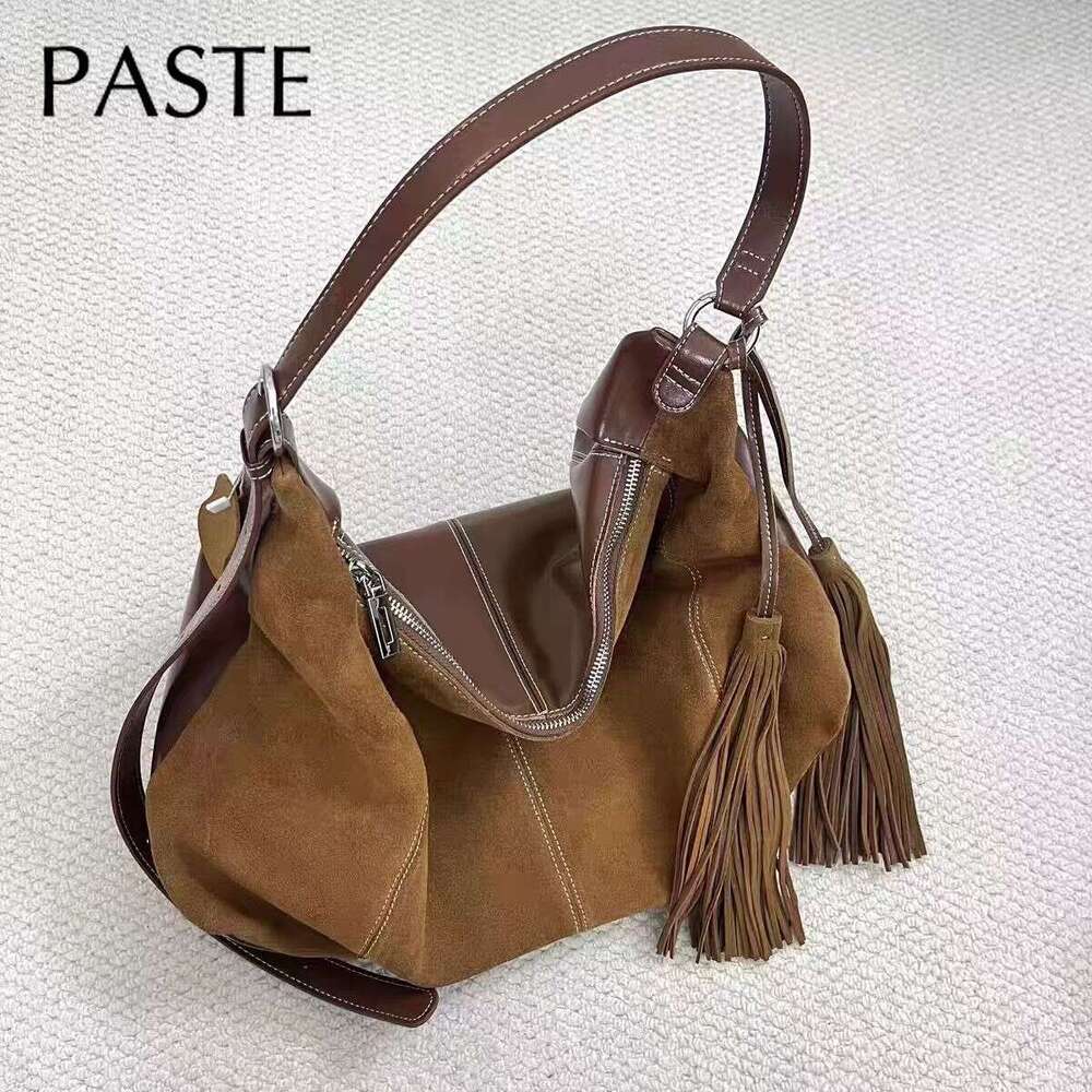 New Vintage Fringe Design Large Winter Tote Oil-Wax Patchwork Suede Leather Women Handbag High-End Underarm Shoulder Bag