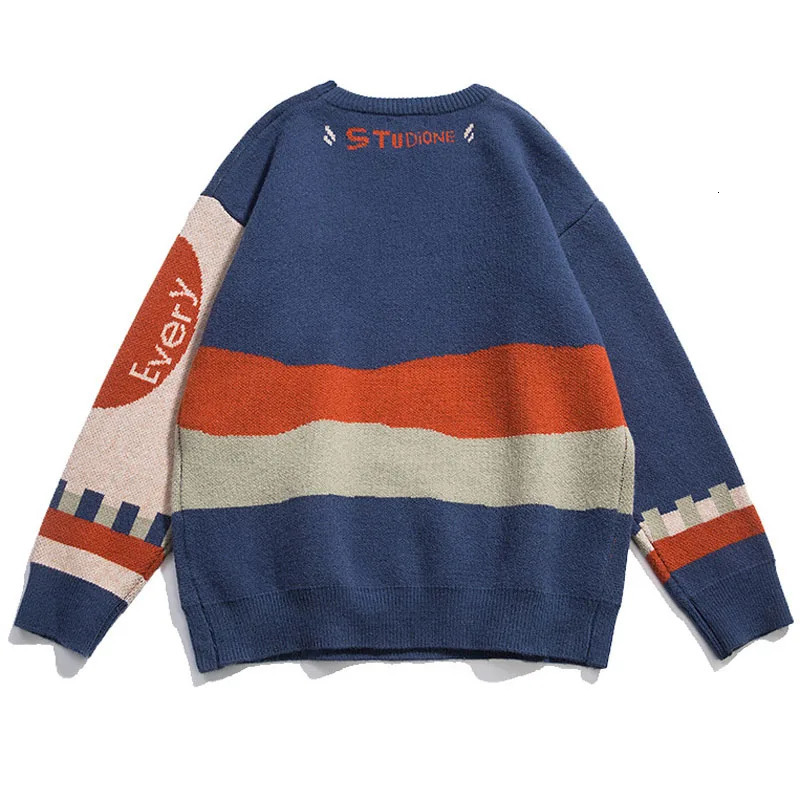 Spring and Autumn Fashion Casual Loose Mens Sweater Color Block Letter Printing Harajuku Pullover Couple Street Ropa De Hombre 241031