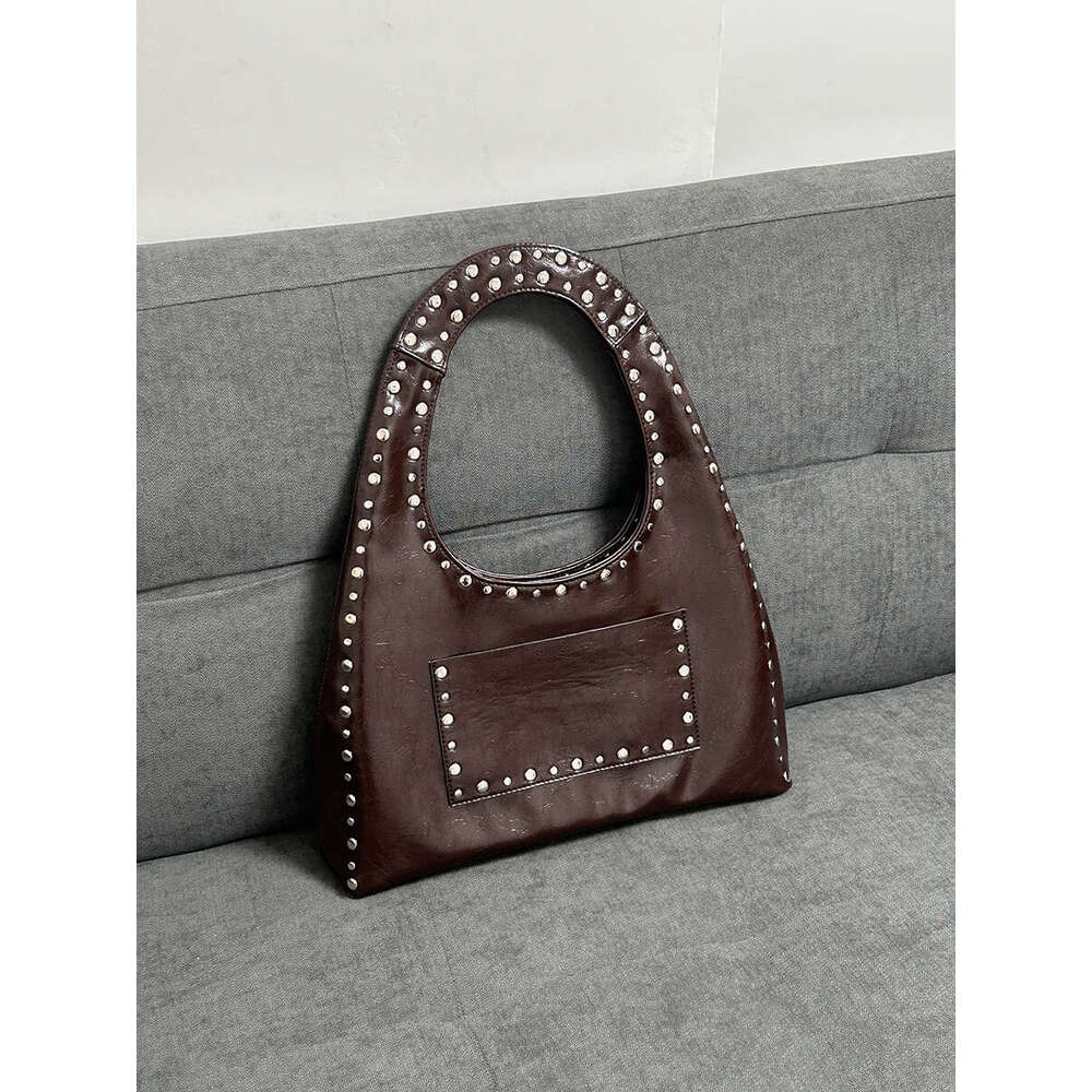 24 New Retro Rivet Decorative Shoulder Bag European And American Motorcycle Wind Oil Wax Leather Armpit Handbag For Women