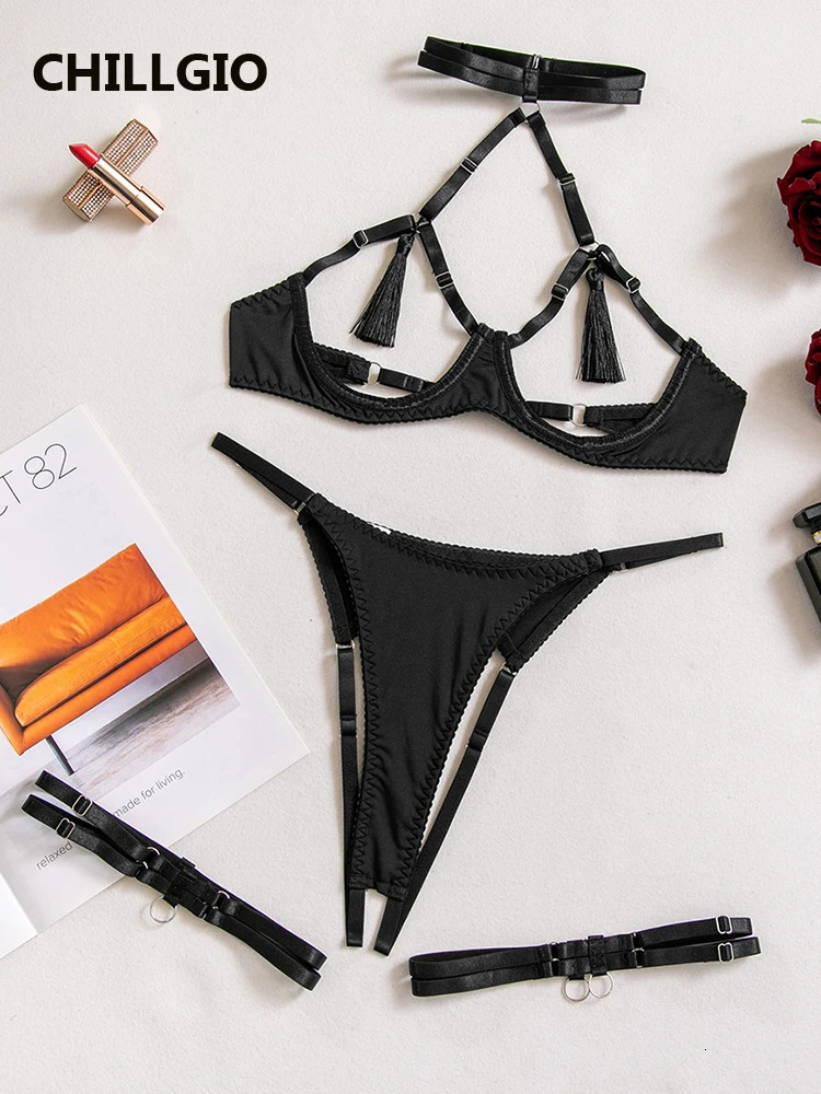 CHILLGIO Women Sexy Hollow Bra Brief Suits Fashion Tassel Solid Intimate Underwire Underwear Erotic Basic Push Up Lingerie Sets 241031