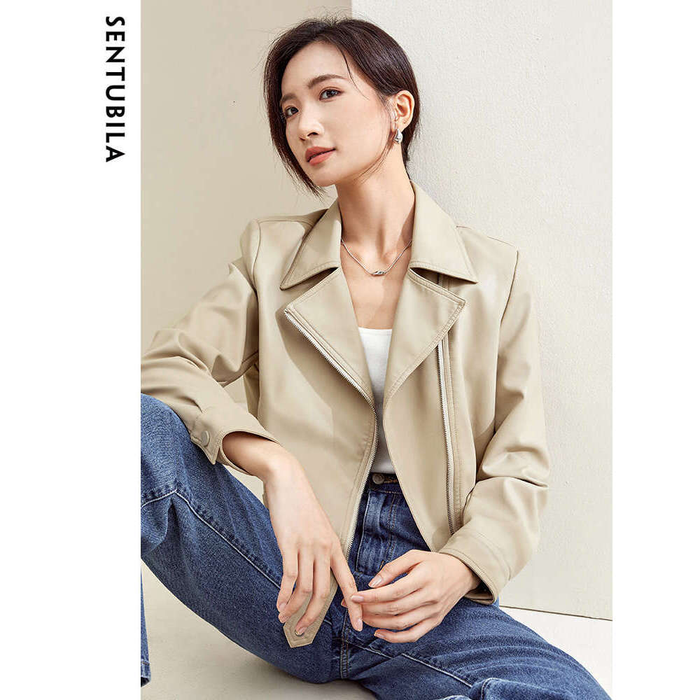 SENTUBILA Cropped Pu Bomber Women 2024 Autumn Winter Vintage Lapel Zip Up Faux Leather Jacket Motorcycle Coats