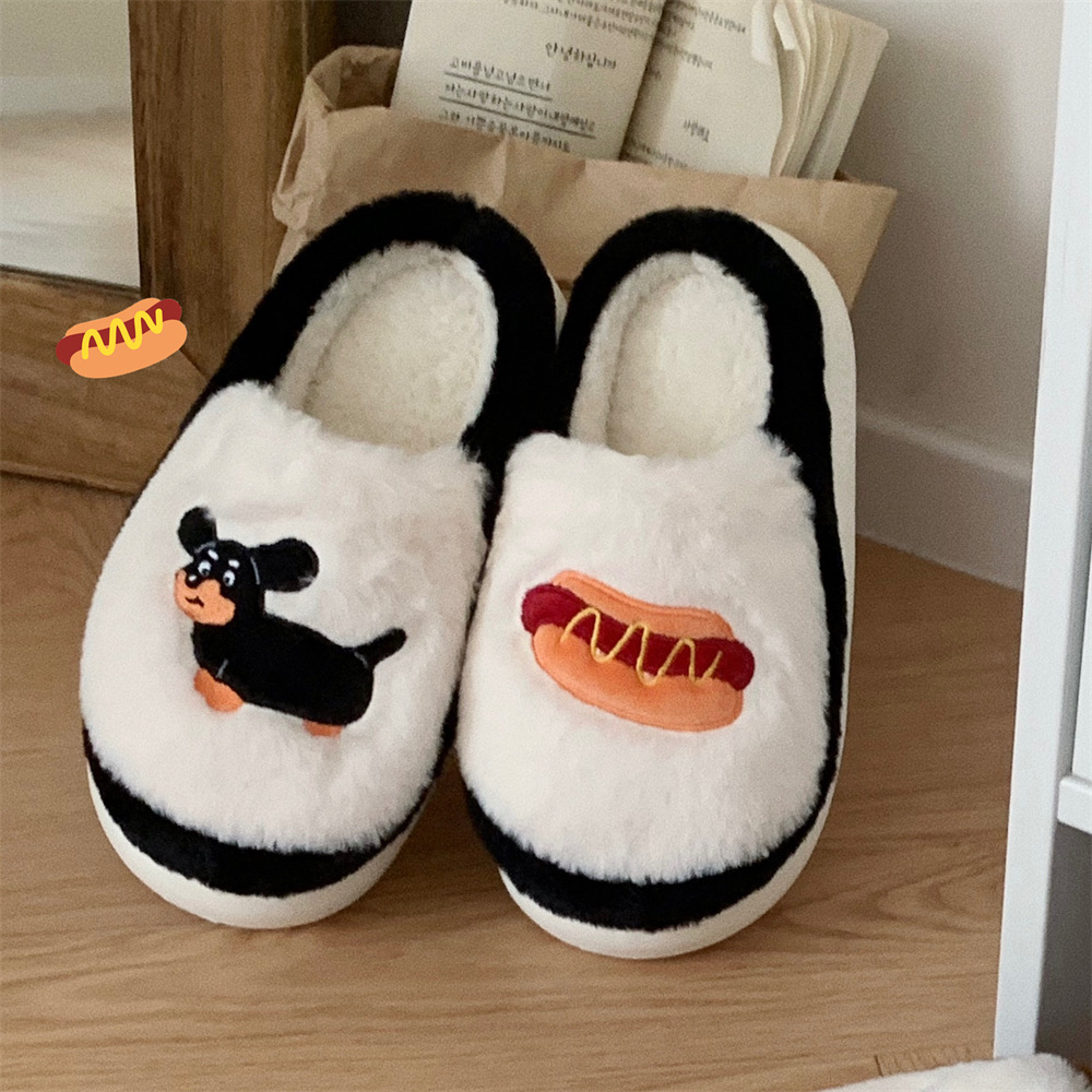 Female winter personality cartoon dachshund puppy fluffy cotton slippers Warm and interesting shoes for home bedroom in winter