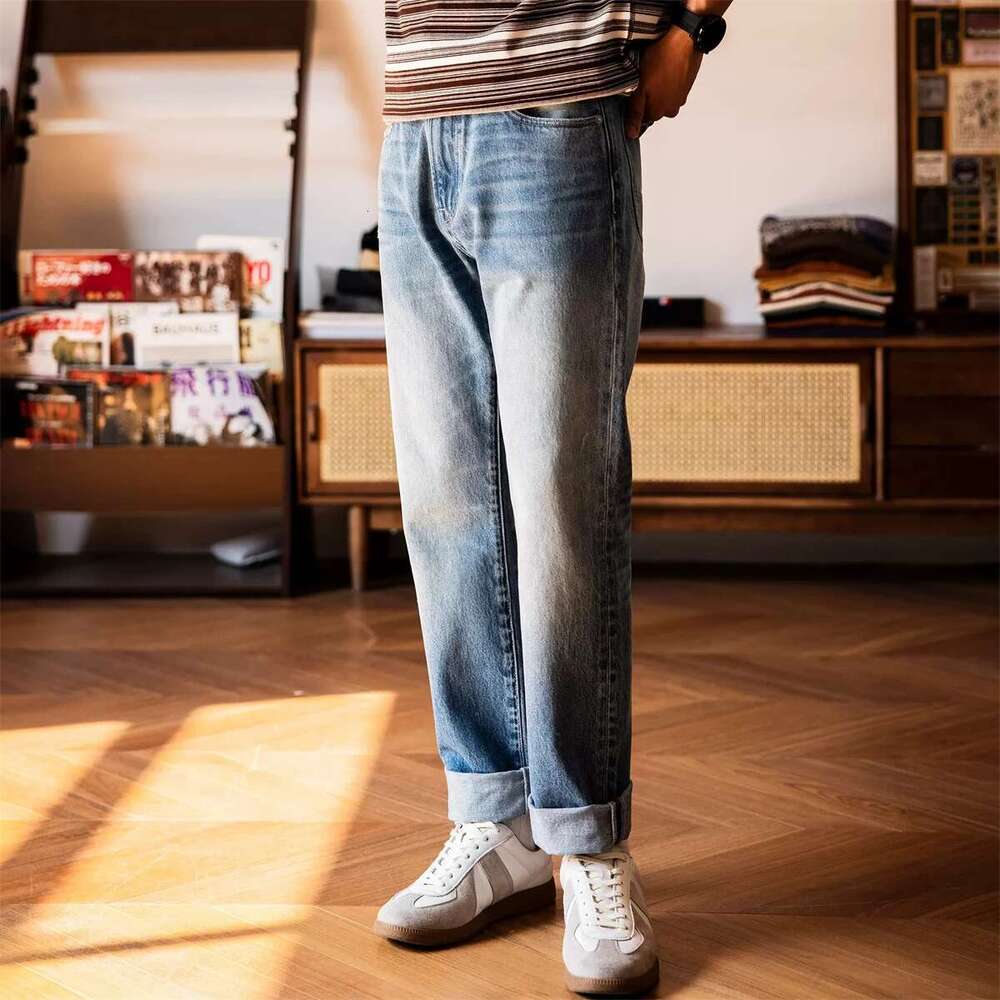 Red Tornado 14Oz Vintage Wash Jeans For Men Slim Straight Leg Designer Denim Pants