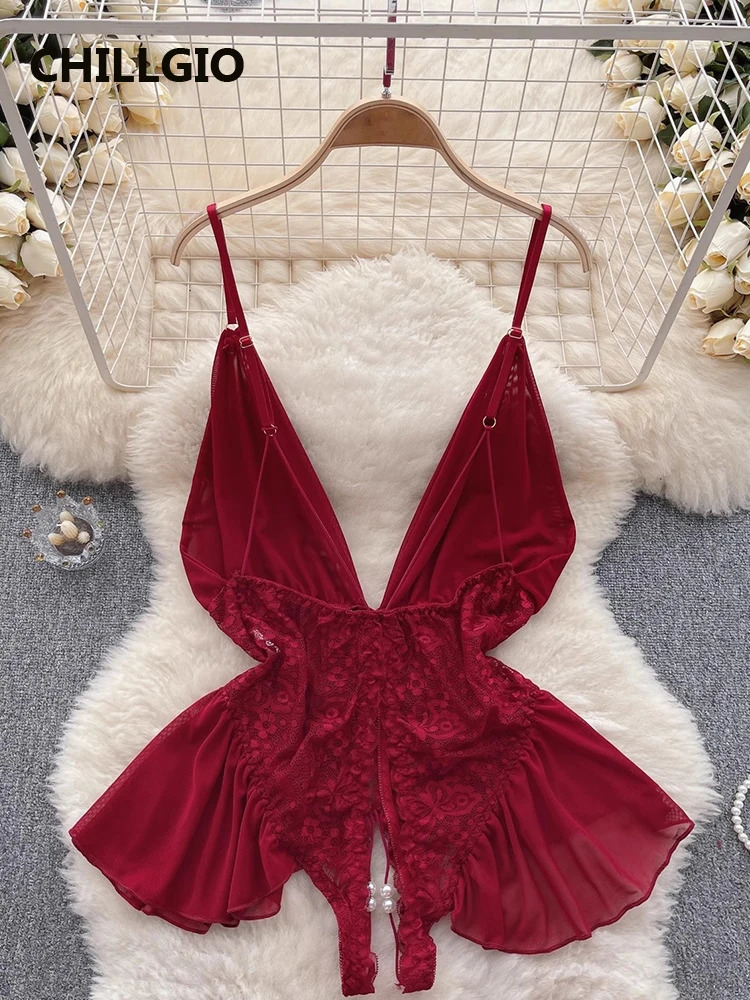 CHILLGIO Women Sexy Beaded Lace Strappy Bodysuit Fashion Tight Floral Combination Catsuit Sheer One Piece Erotic Backless Onesie 241031
