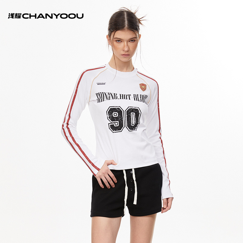 Designer Shallow Shine Clothing | American Three Bar Hot Girl Shoulder T-shirt Short Women's Autumn Trend Brand Sweet Cool Style Sports Top