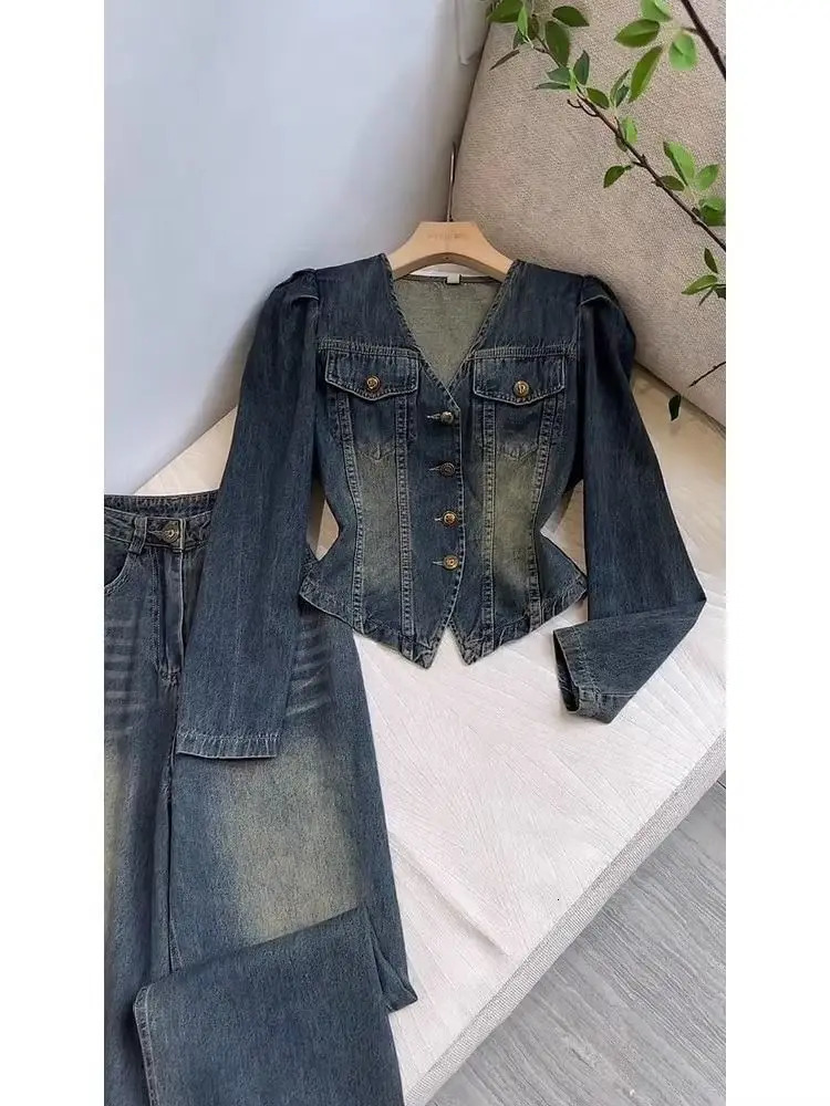 V-neck denim jacket wide leg jeans Trouser 2-piece set womens Y2k set retro autumn jacket loose pants 241030