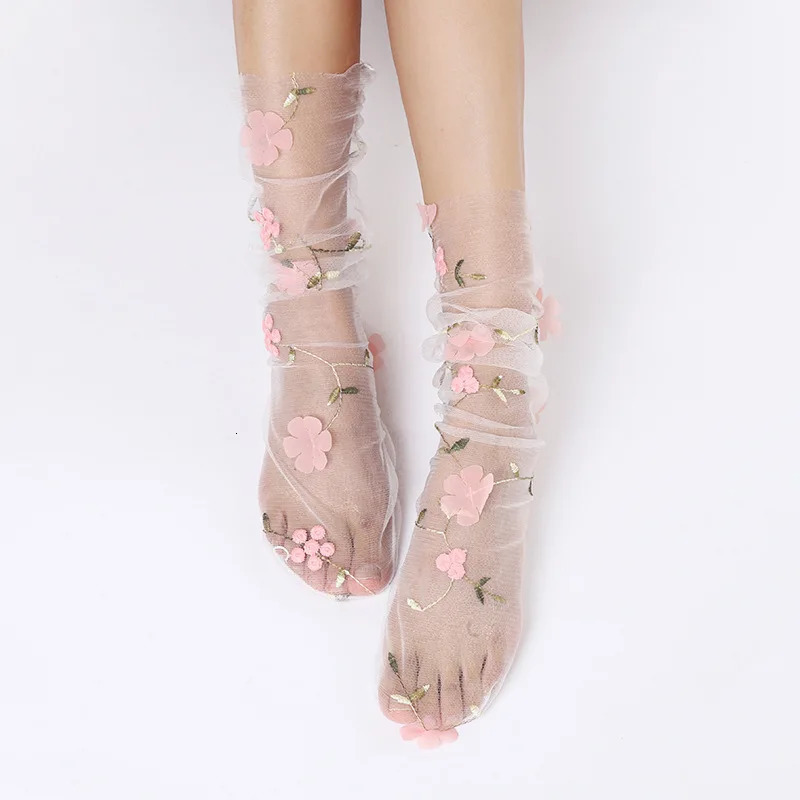 Fashion 3D Flower Lace Socks Women Transparent Long Tulle Socks Femme Summer Ultra-thin Socks Woman Dress Calcetines medias 241031