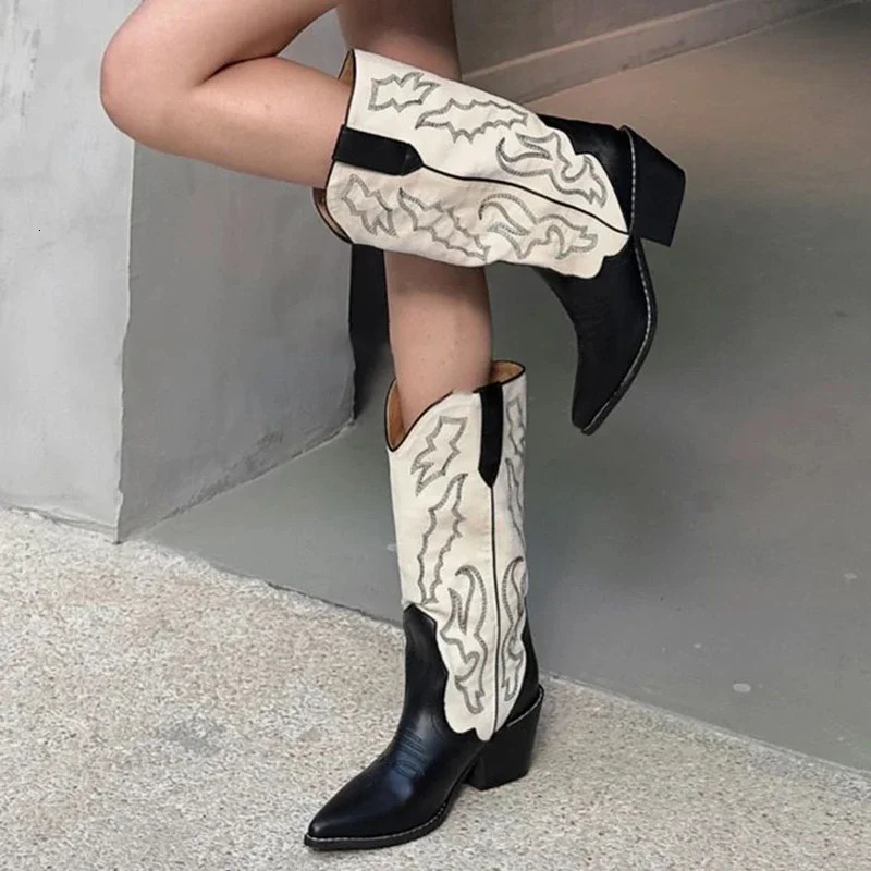 Autumn Gladiator Woman Knee High Boots Fashion Embroidery Thick High Heel Shoes Ladies Outdoor Long Booties 241031