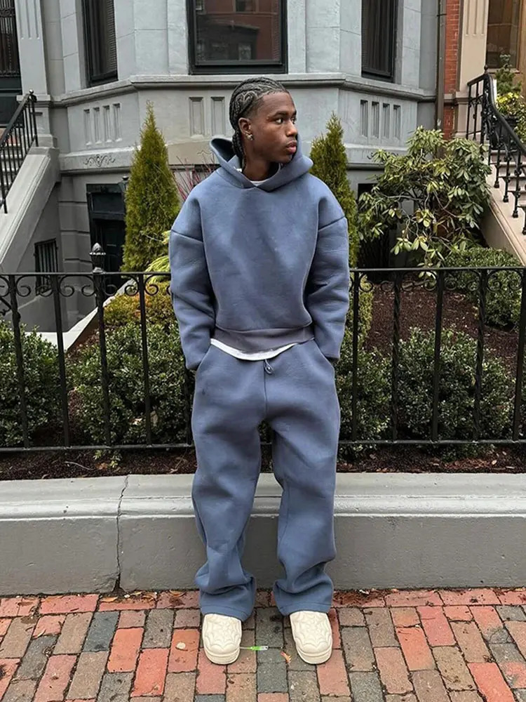 Solid Color Men Hoodie Suit Fashion Street Casual Pullover Waist Drawstring Pants Two Pieces Set Autumn Male Running Sportswear 241031