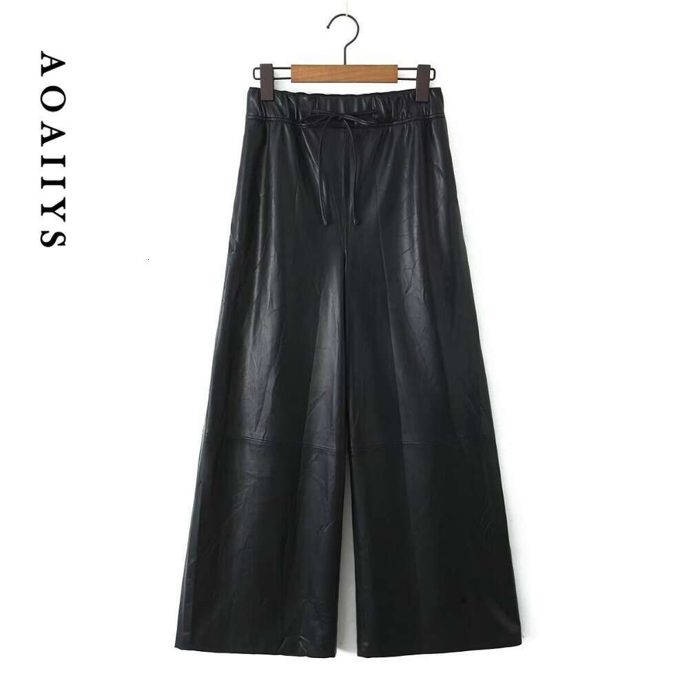Aoaiiys Faux Leather Women Black Casual Fashion Autumn Winter PU Pants With Belt Chic Female Pockets High Waist Trousers