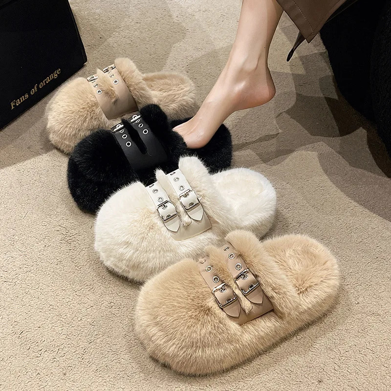 Womens Winter Home Thick Bottom Sliding Block Womens Leisure Sliding Block Fluffy Plush Lining Shoes Comfortable Indoor Sliding Block Size 34-40 24103